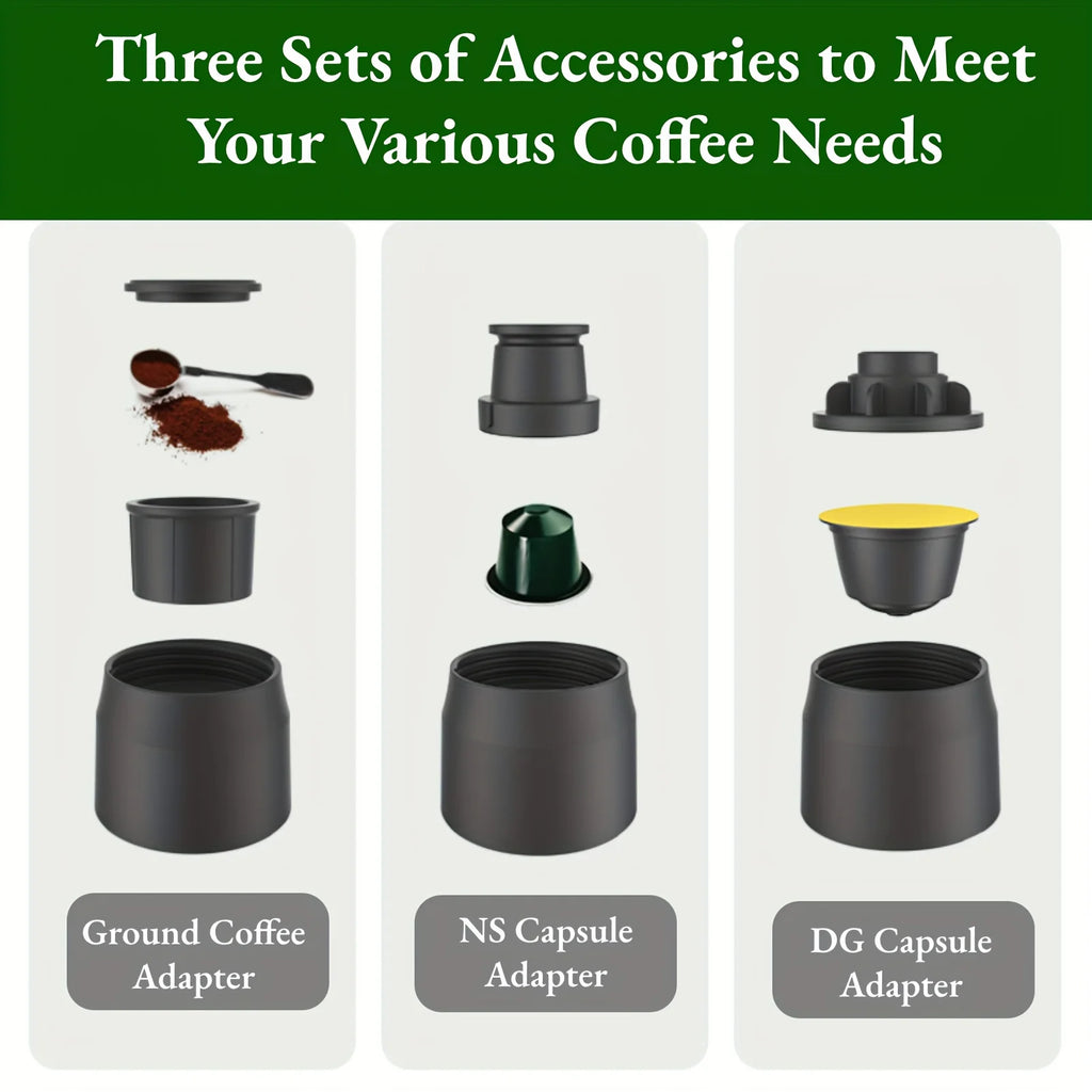 Multi-functional portable coffee maker adapters for ground coffee, Nespresso, and Dolce Gusto capsules in matte black.