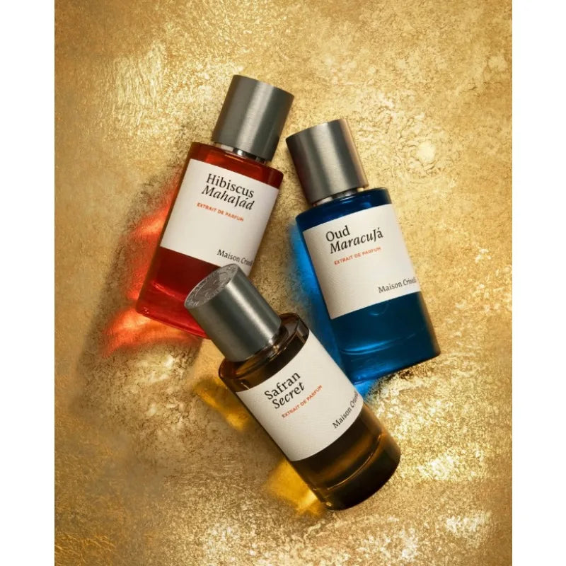 Maison Crivelli unisex Extrait de Parfum set: Hibiscus Mahajád, Oud Maracuja, Safran Secret in elegant glass bottles.