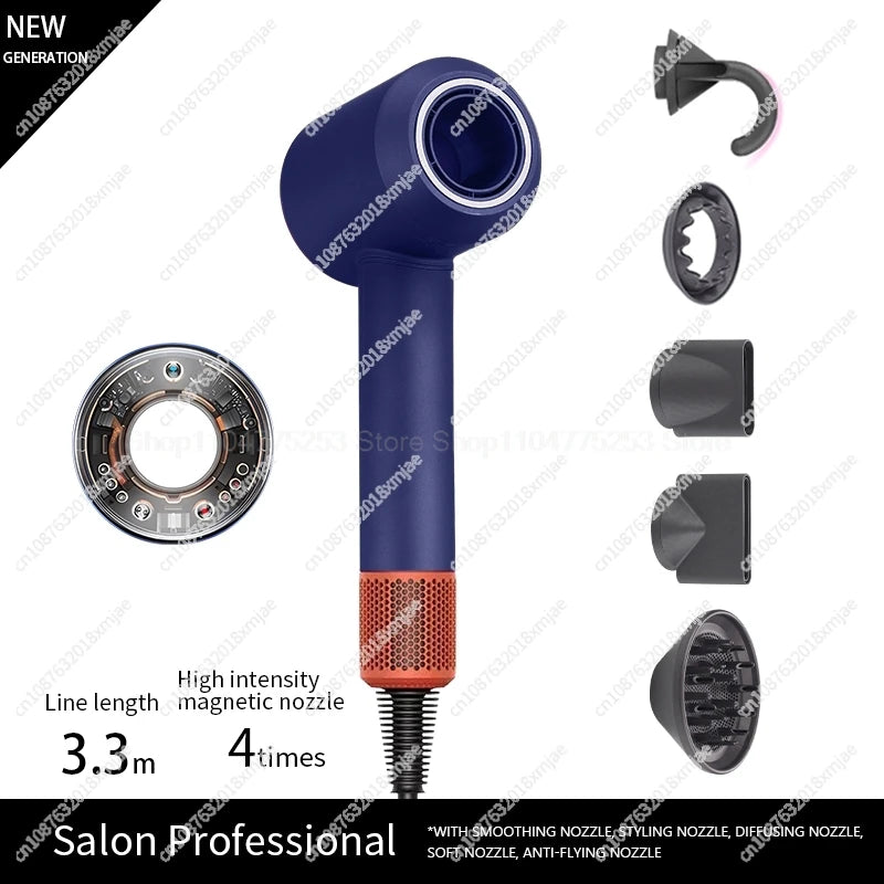 Blue leafless negative ion hair dryer with 5 magnetic styling attachments for professional salon-quality hair care.