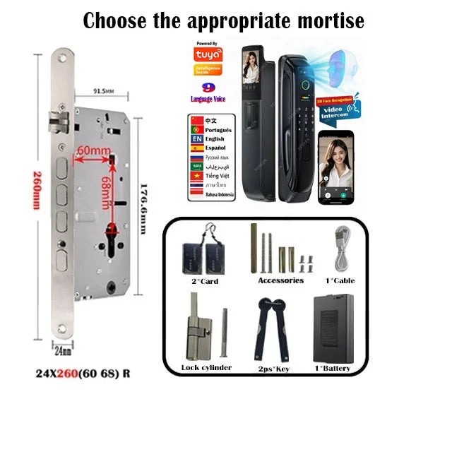 6068,5572,6072,6085 Mortise Lock Tuya Wifi App Camera Smart Digital Lock With Fingerprint Face Key Card Rfid