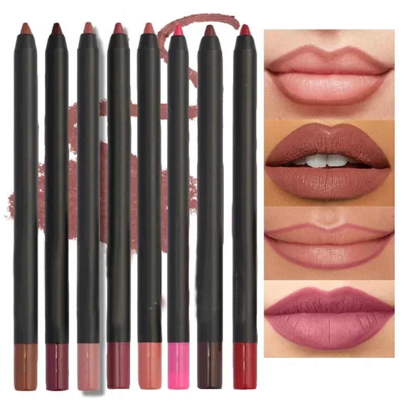 Matte nude brown lip liner pencils for long-lasting, waterproof lip makeup with smooth, non-stick application.