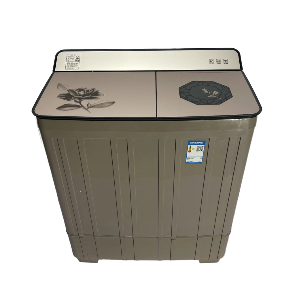 Tidesmit 18kg semi-automatic twin tub washing machine showing detailed control panel and dual barrel compartments.