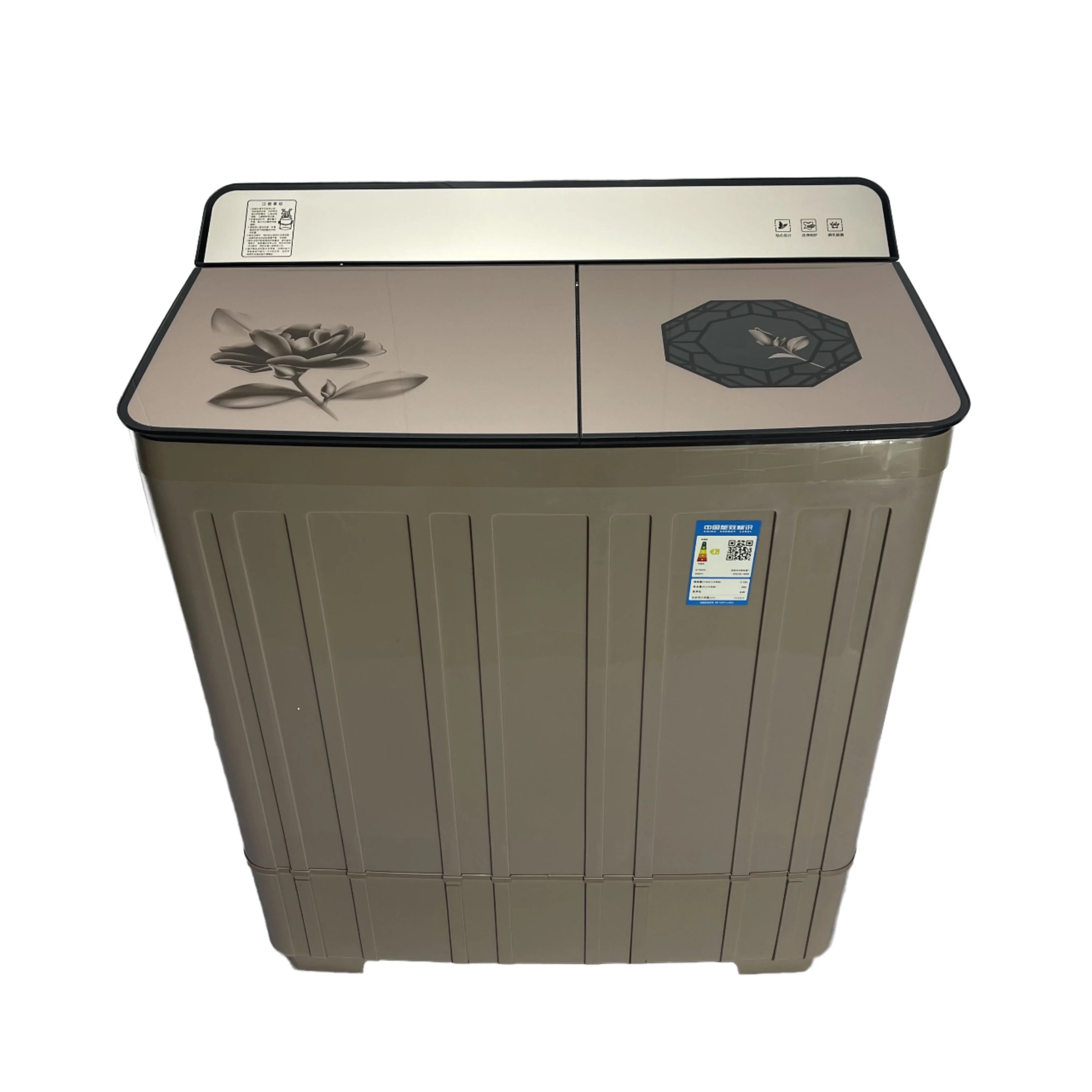 Tidesmit 18kg semi-automatic twin tub washing machine showing detailed control panel and dual barrel compartments.