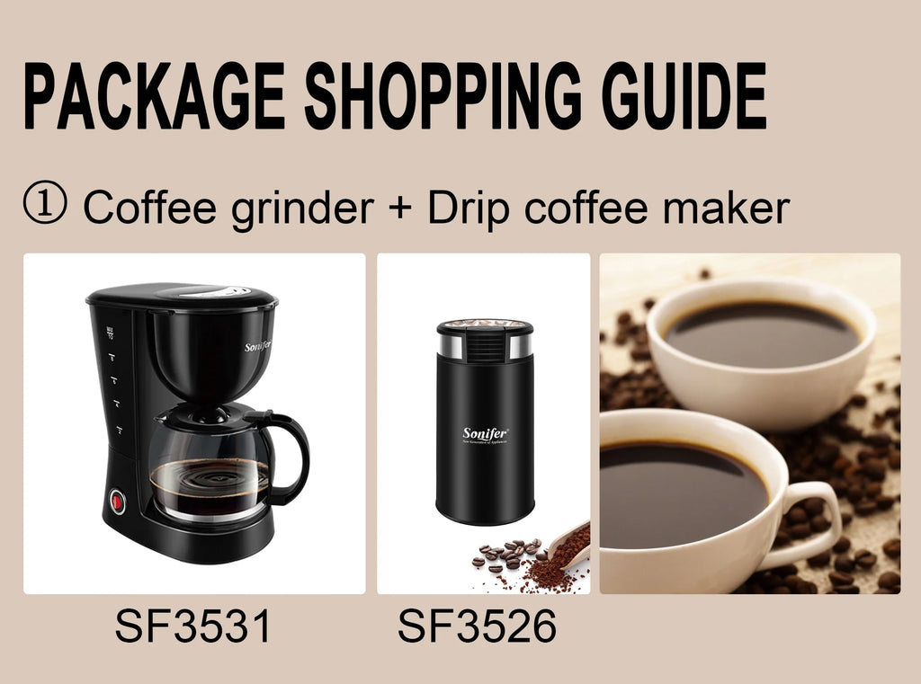 Sonifer black drip coffee maker and electric coffee grinder set for home brewing.