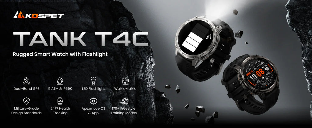 KOSPET TANK T4C Smart & Rugged Watch for Men Military-Grade Body with GPS Health Tracking & On-Wrist Flashlight 5ATM Waterproof