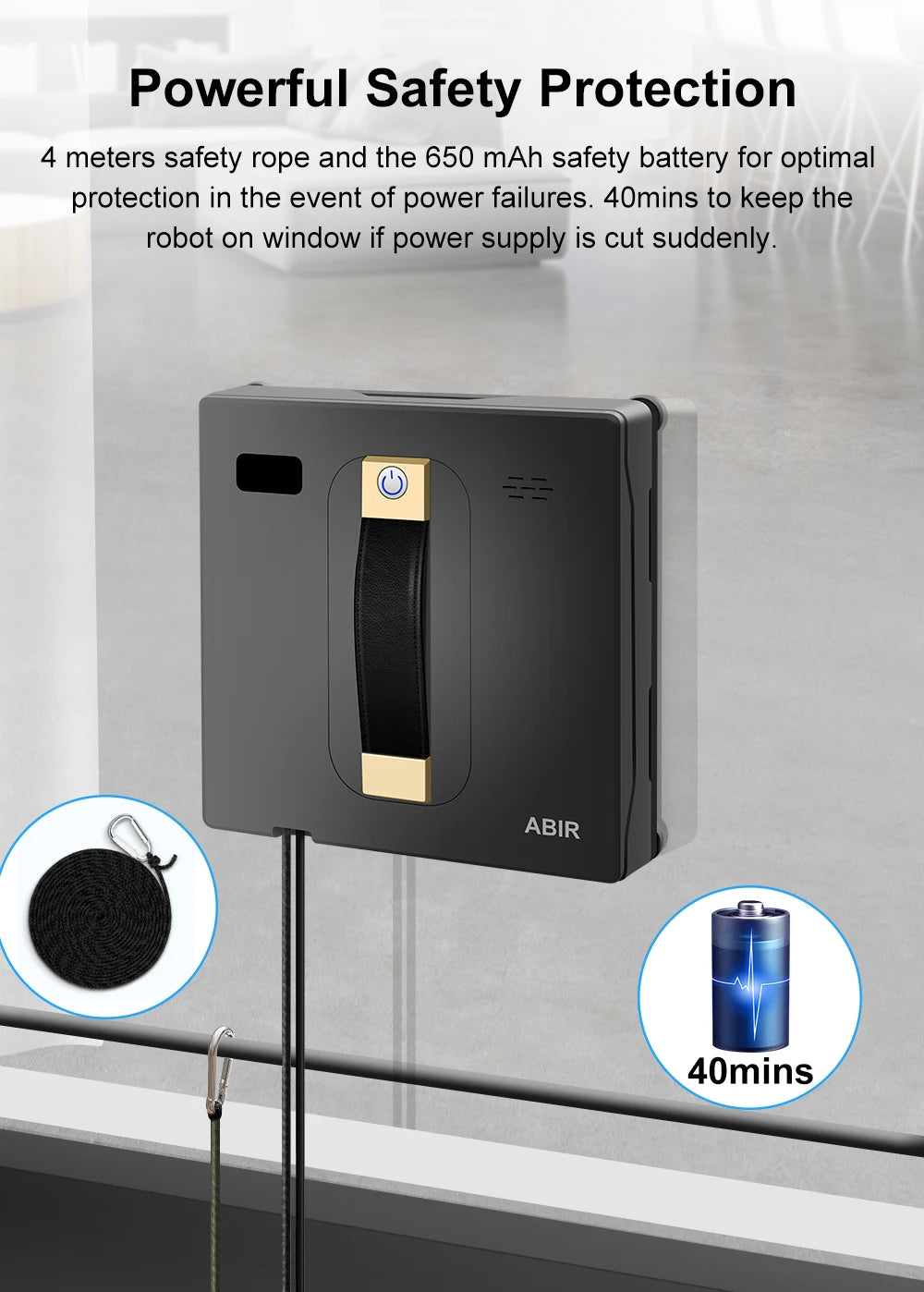 Tidesmit ABIR WD8 robotic window cleaner showing dual water spray and high vacuum suction features