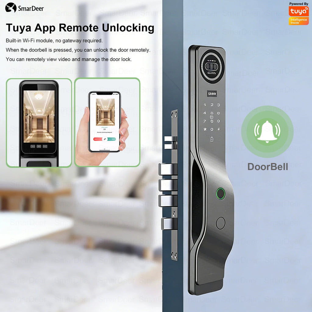 3D Facial Recognition Smart Door Lock with Video Doorbell Camera, Tuya WiFi Fingerprint Password Keyless Security Lock