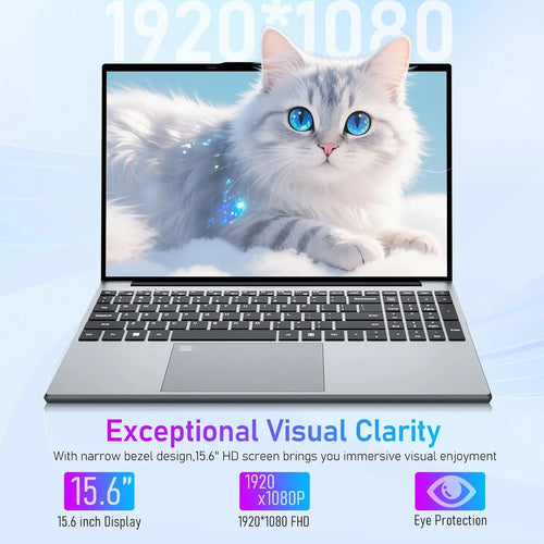 Ultra-slim silver 15.6-inch laptop with narrow bezels, full-size black keyboard, numeric keypad, and large trackpad.