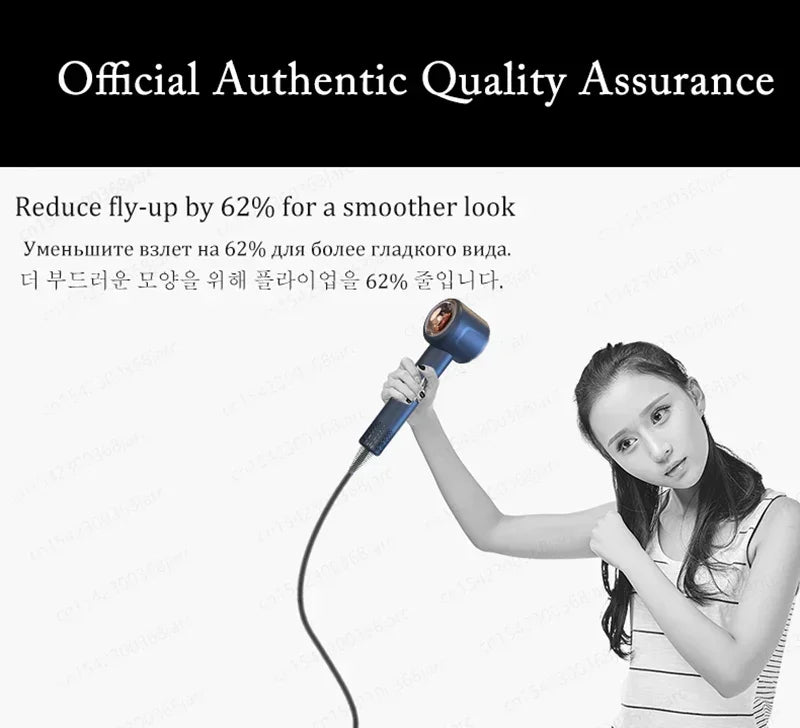 Blue 1600W leafless ionic hair dryer for smooth styling, reducing flyaways for professional salon hair care at home.
