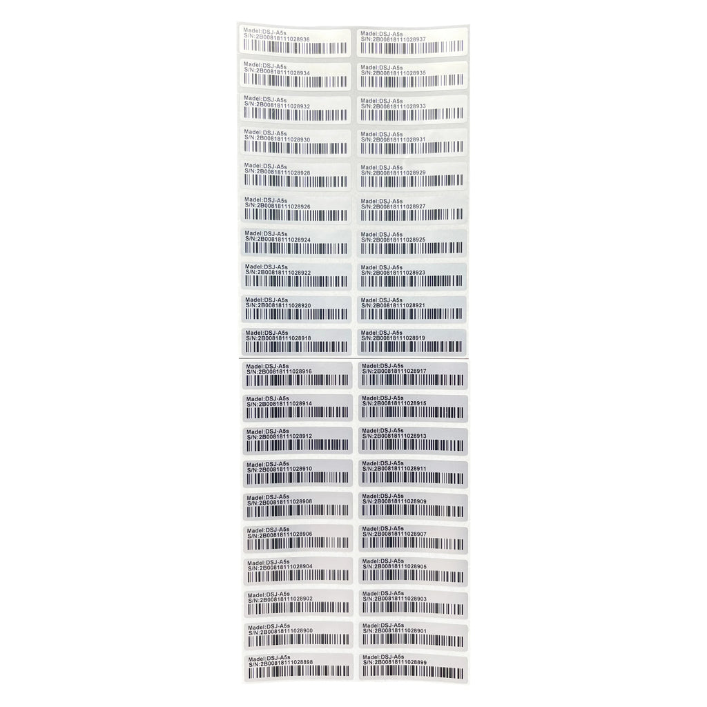 100 matte silver PET barcode 128 labels (40x10mm). Durable, fade-resistant, pre-printed stickers for pet product tracking.