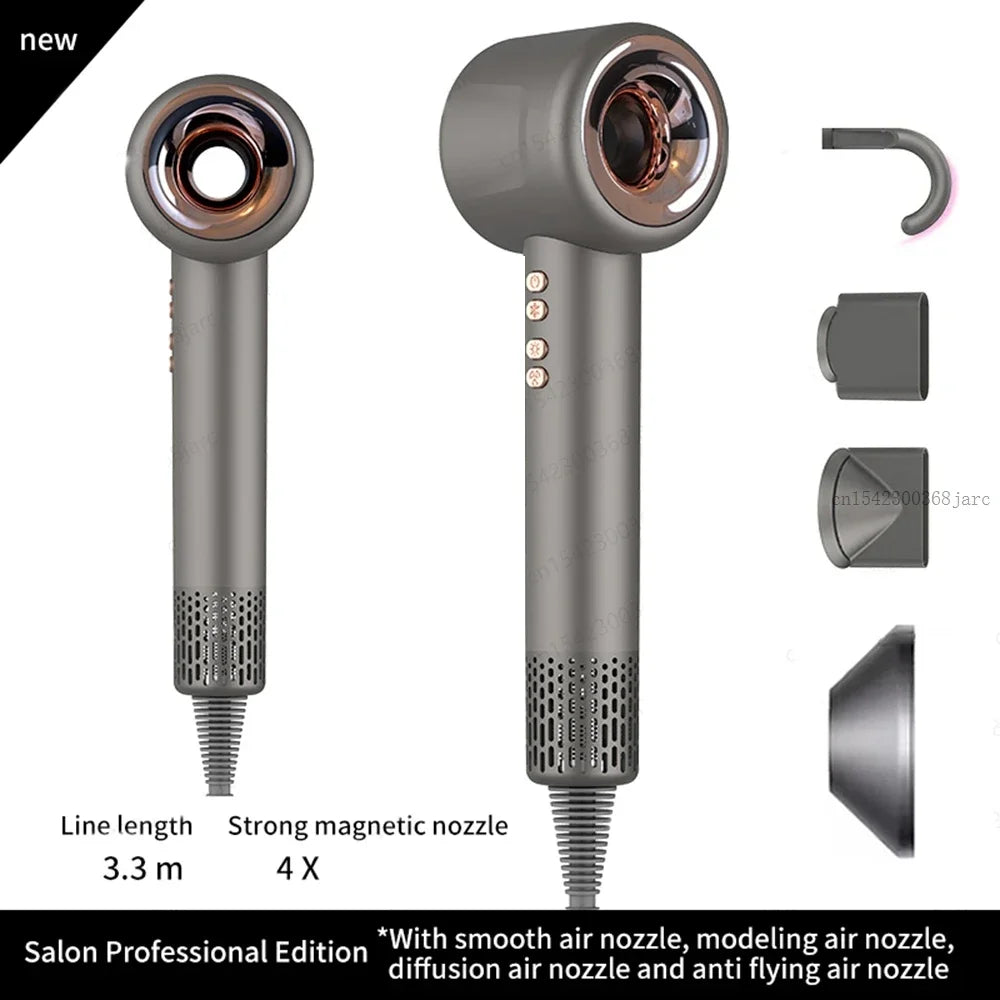 Grey 1600W leafless ionic hair dryer with 4 magnetic styling attachments for professional salon-quality hair care.