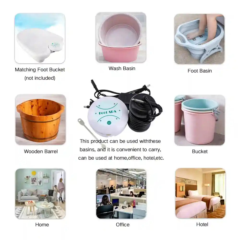 Ionic detox foot bath spa machine with control unit and array for home, office, and hotel use in various basins.