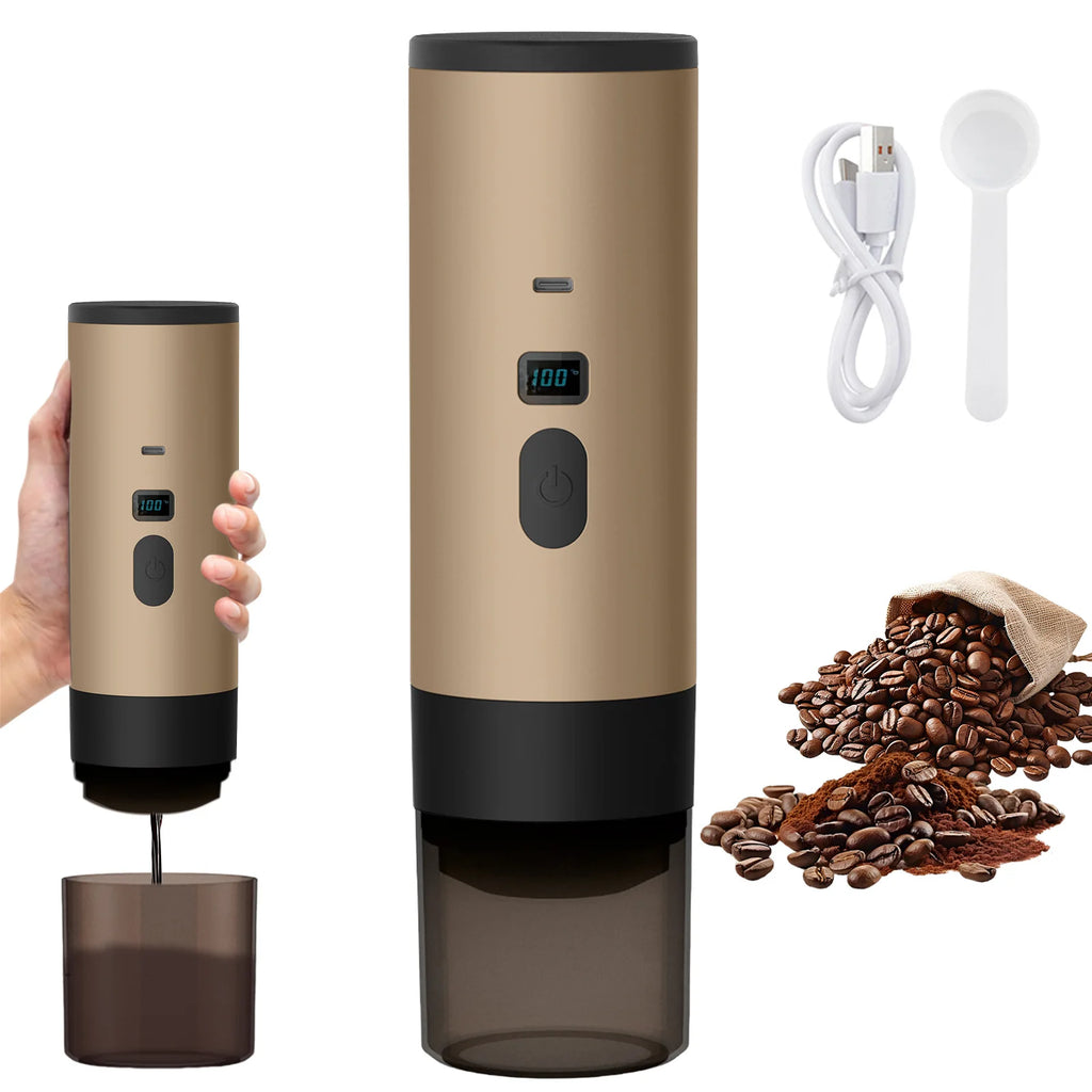 Gold portable electric coffee grinder with digital display, USB-C charging, and coffee beans on white background.