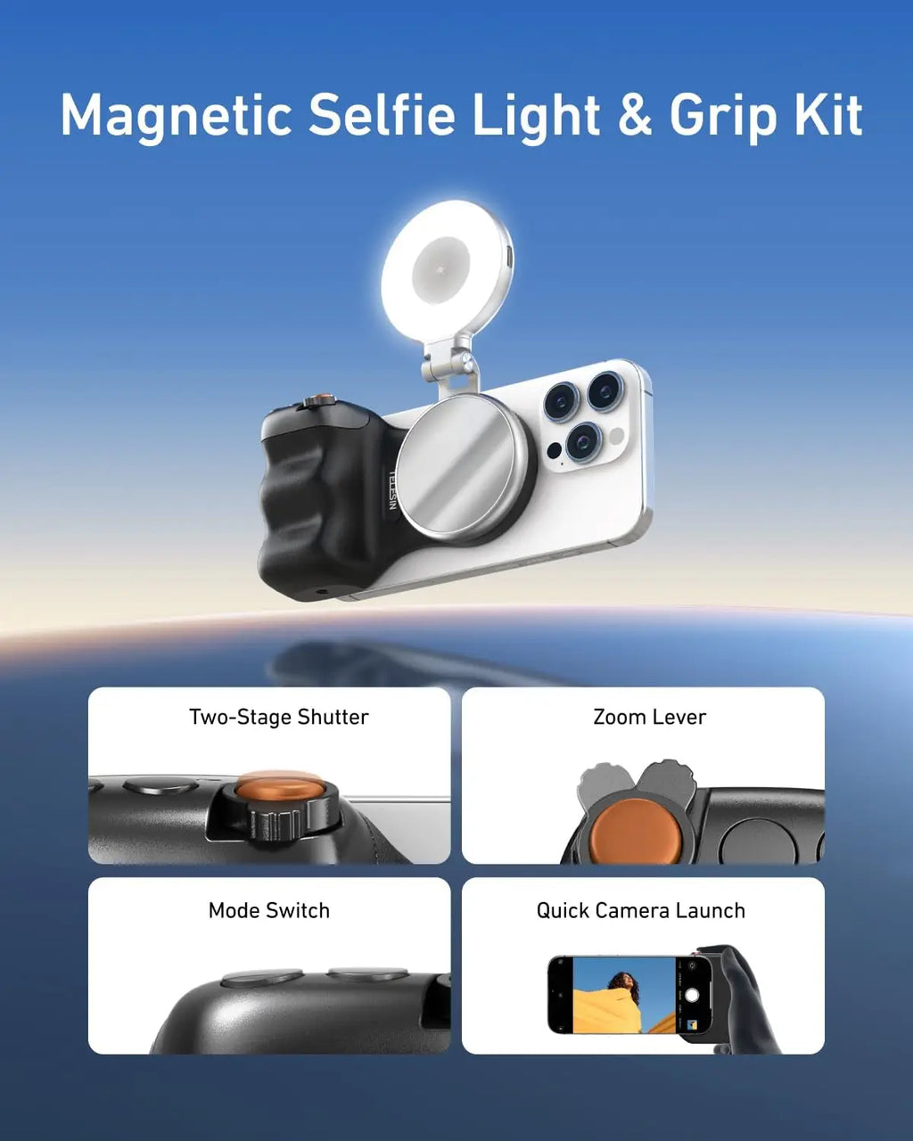 Magnetic Phone Camera Grip with LED Selfie Light for Smartphone Content Tidesmit