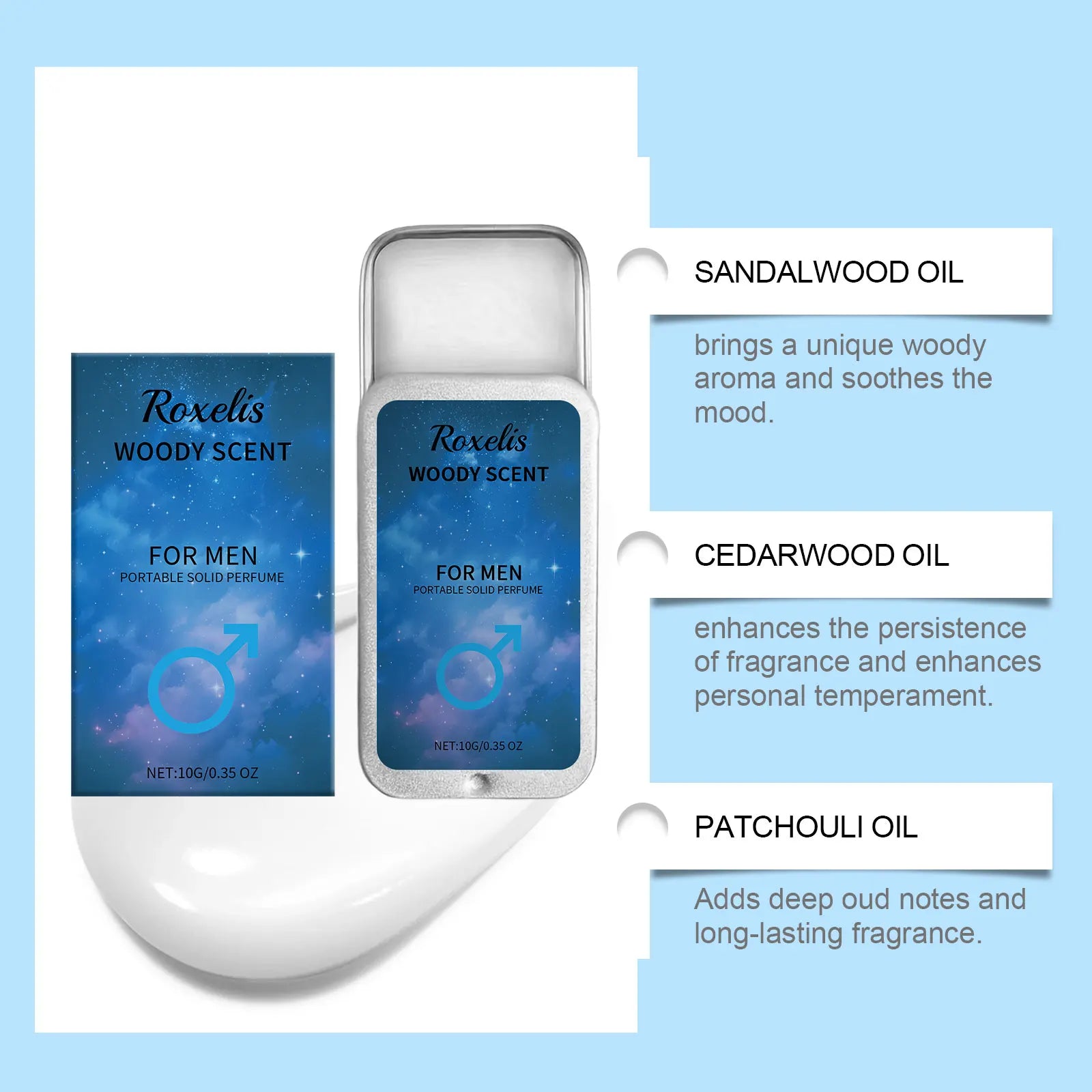 Roxelis Woody Scent solid perfume for men: portable tin balm with sandalwood, cedarwood, and patchouli fragrance notes.