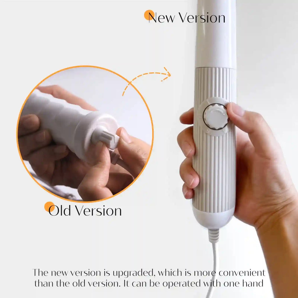 Comparison of a new white ribbed high-frequency facial wand with a manual dial versus the old plug-in version.