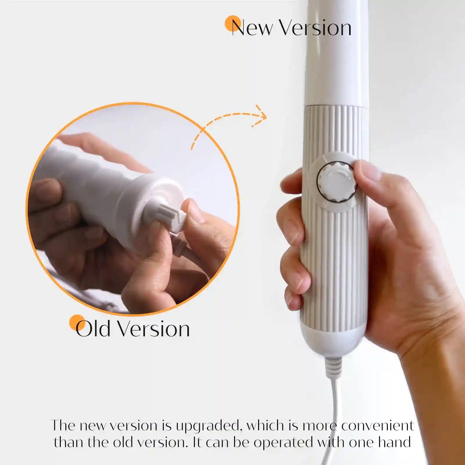 Comparison of a new white ribbed high-frequency facial wand with a manual dial versus the old plug-in version.
