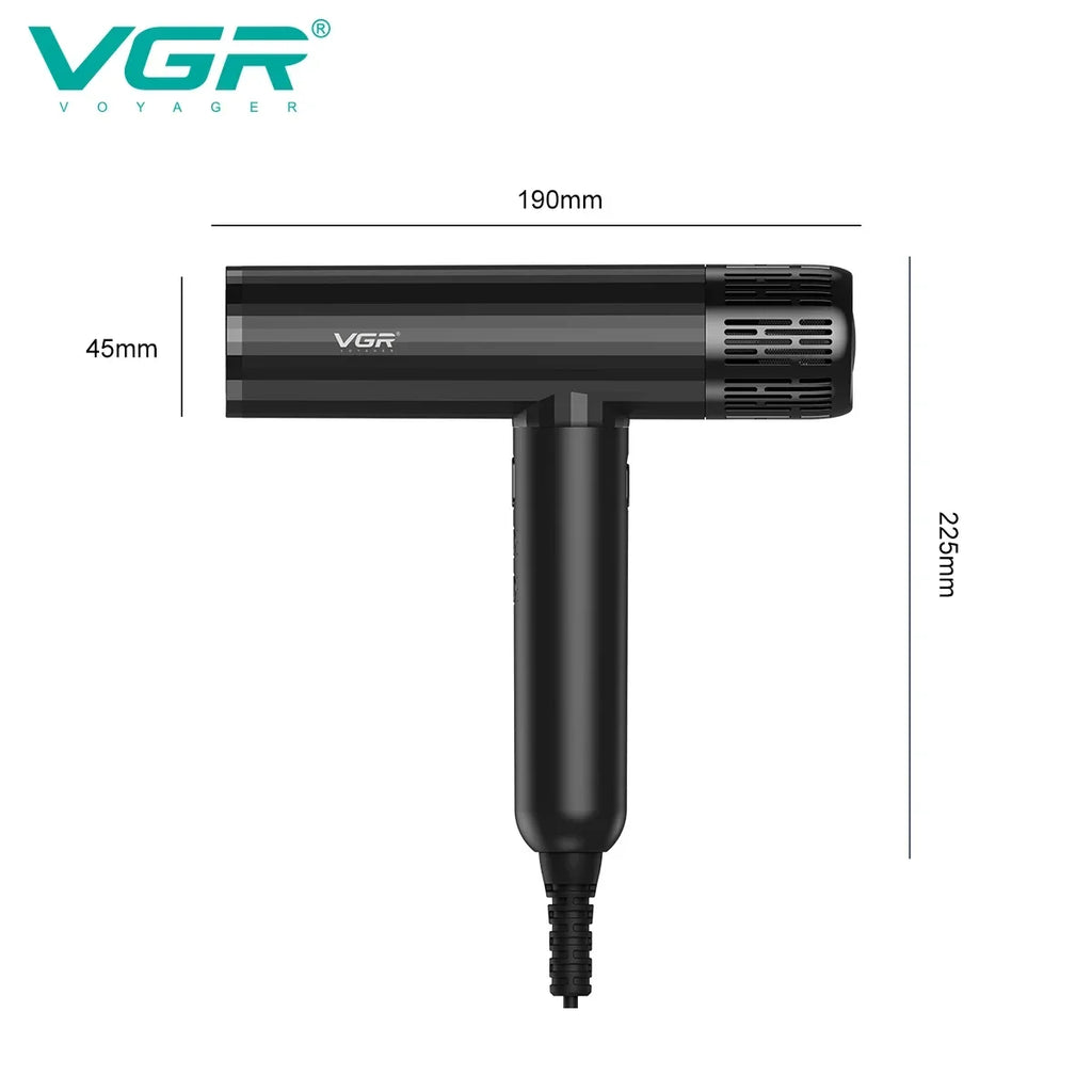 VGR V-427 professional black hair dryer with dimensions and powerful brushless motor design for salon-quality results.
