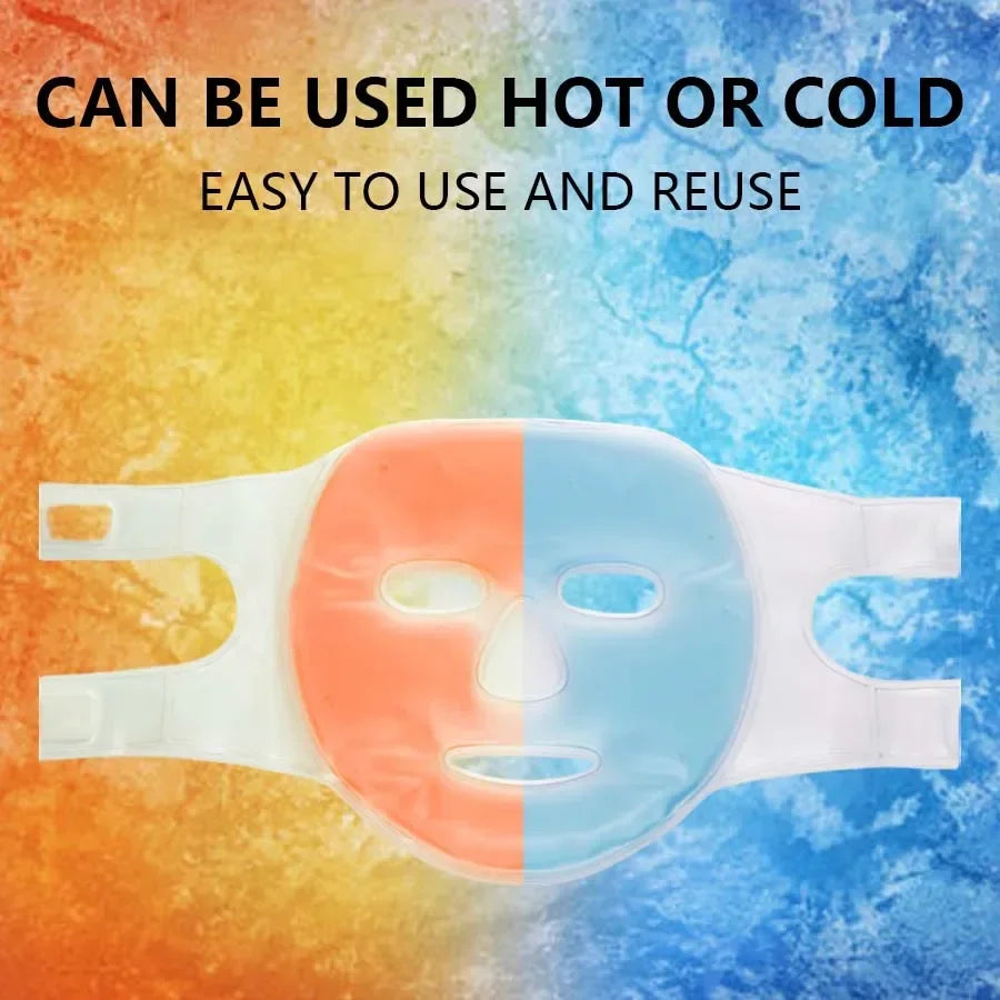 Reusable PVC gel face mask, half orange and half blue, with eye, nose, and mouth cutouts and side straps.