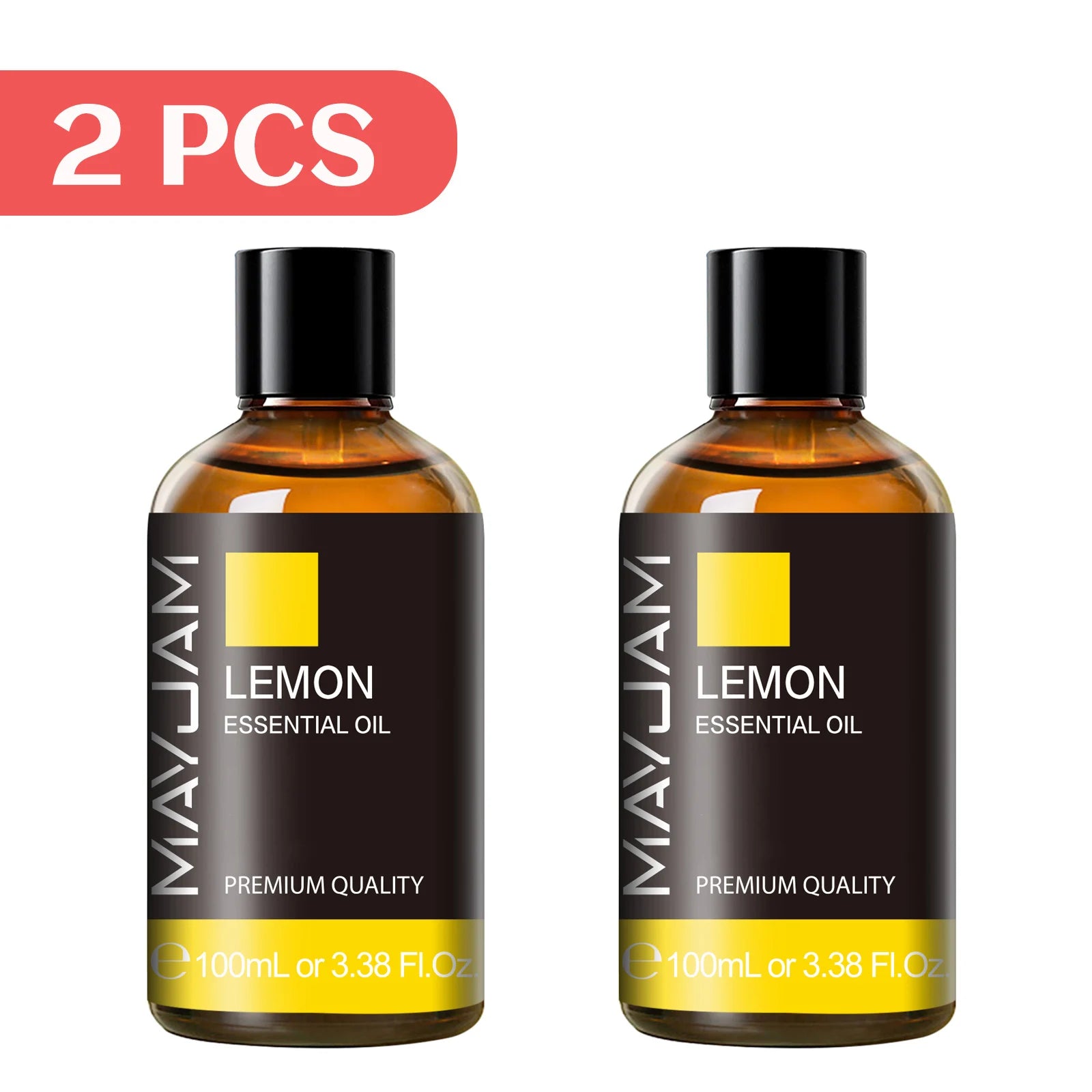 Lemon essential oil, 2-pack amber bottles with black caps, 100ml.