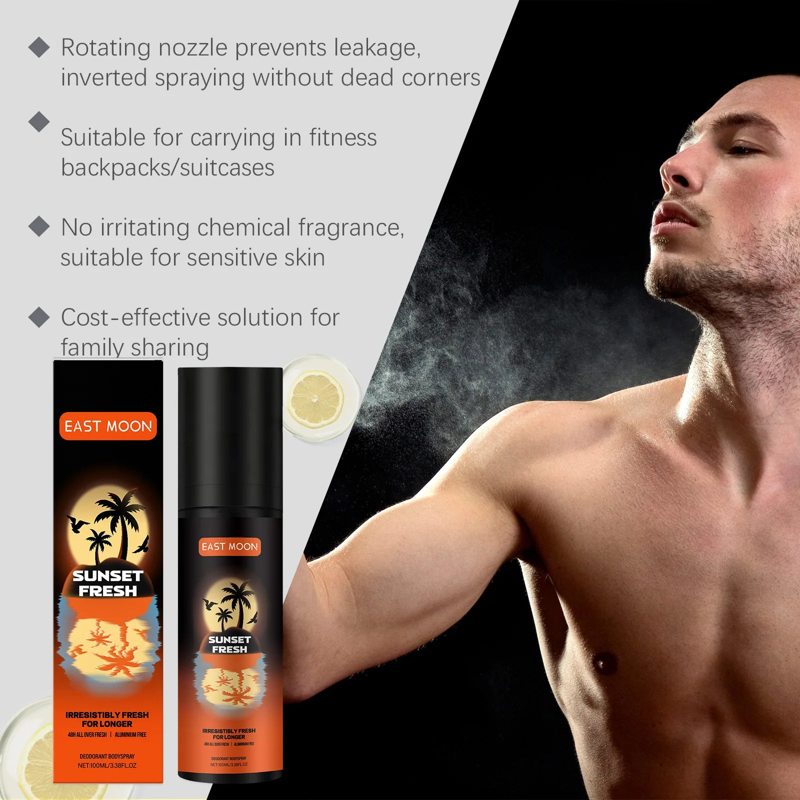 Tidesmit East Moon fruity deodorizing spray for men to eliminate sweat, remove underarm odor, and keep skin fresh.