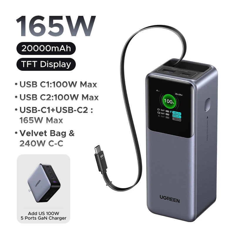 Portable Power Bank 165W 20000mAh PD3.0 Fast Charger for Laptops Add US 100W Tidesmit