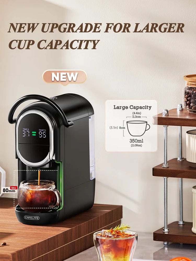 Cafelffe black single-serve coffee maker with digital display for 350ml large cup capacity and 80mm clearance.