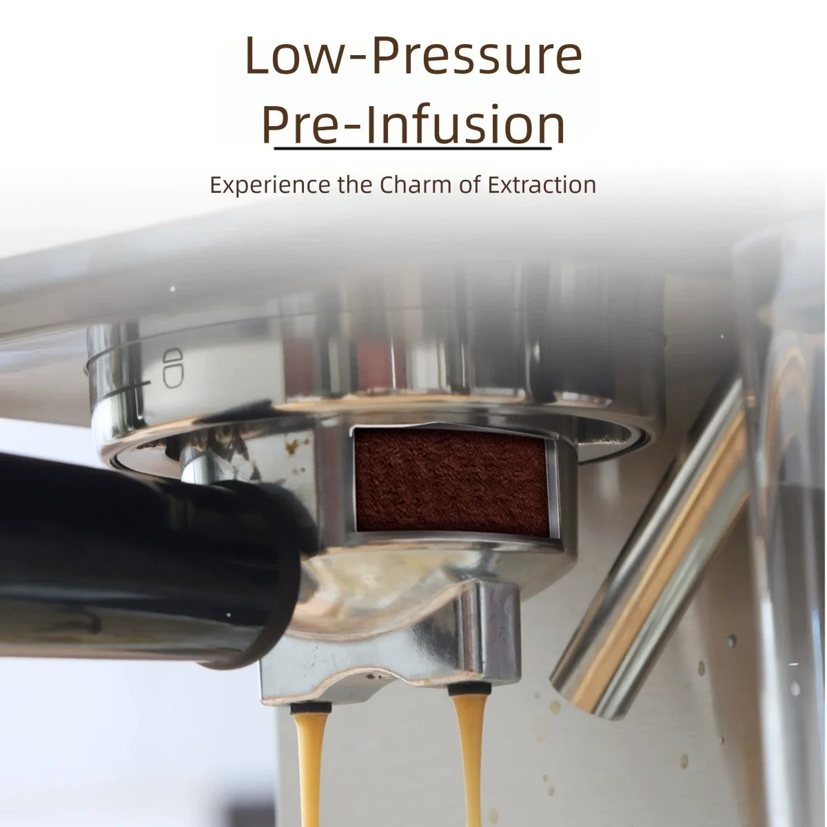 Chrome espresso machine portafilter extracting double shots with low-pressure pre-infusion feature.