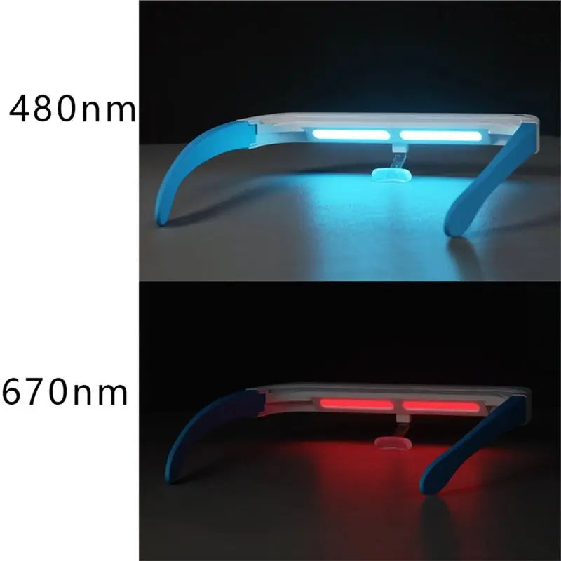 Wearable light therapy glasses with 480nm blue and 670nm red UV-free light for sleep and energy boosting.