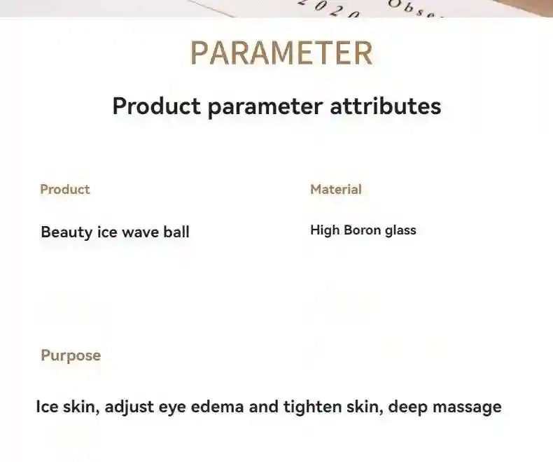 Text description of Beauty Ice Wave Ball, noting material as high boron glass and purpose for skin and eye massage.