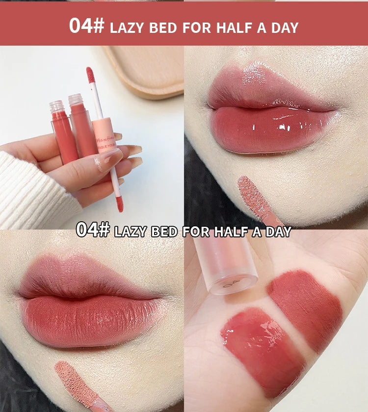 Double-headed lip gloss in 04# pink, showing glossy mirror and matte velvet finishes for long-lasting lip makeup.