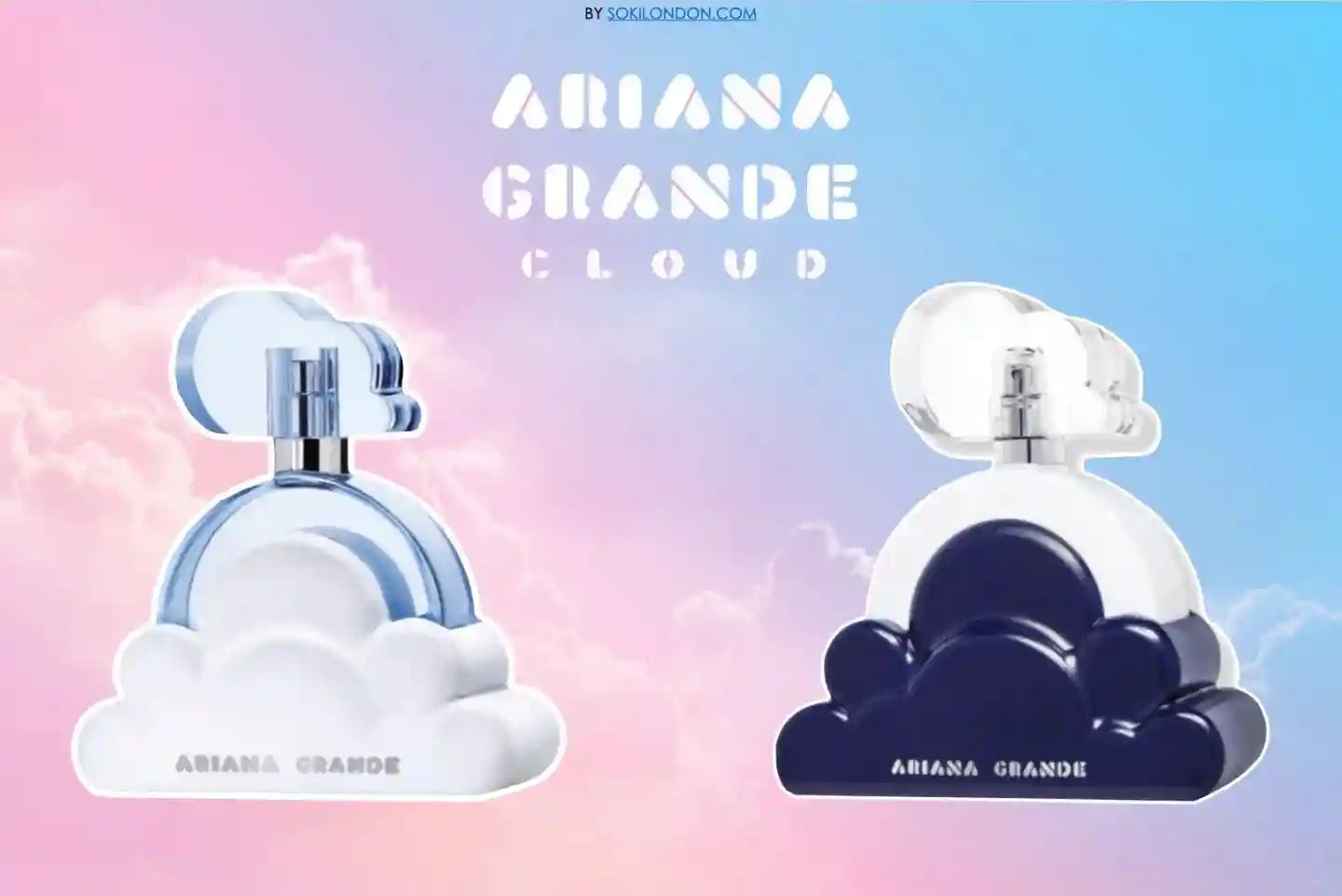 Ariana Grande Cloud Eau de Parfum for women. 100ml white and navy cloud-shaped perfume bottles, long-lasting scent.