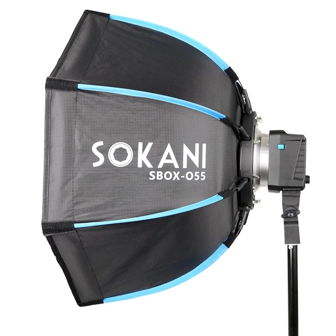 SBOX-055 octagonal softbox with black fabric, blue accents, and metallic mount attached to a light stand.