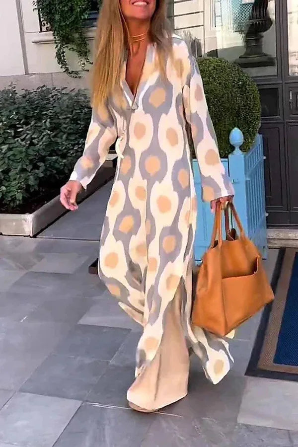2024 Autumn Causal V NeckWomen Geometric  Maxi Dress  Long Sleeve Dresses Female Holiday Beach Boho Dress
