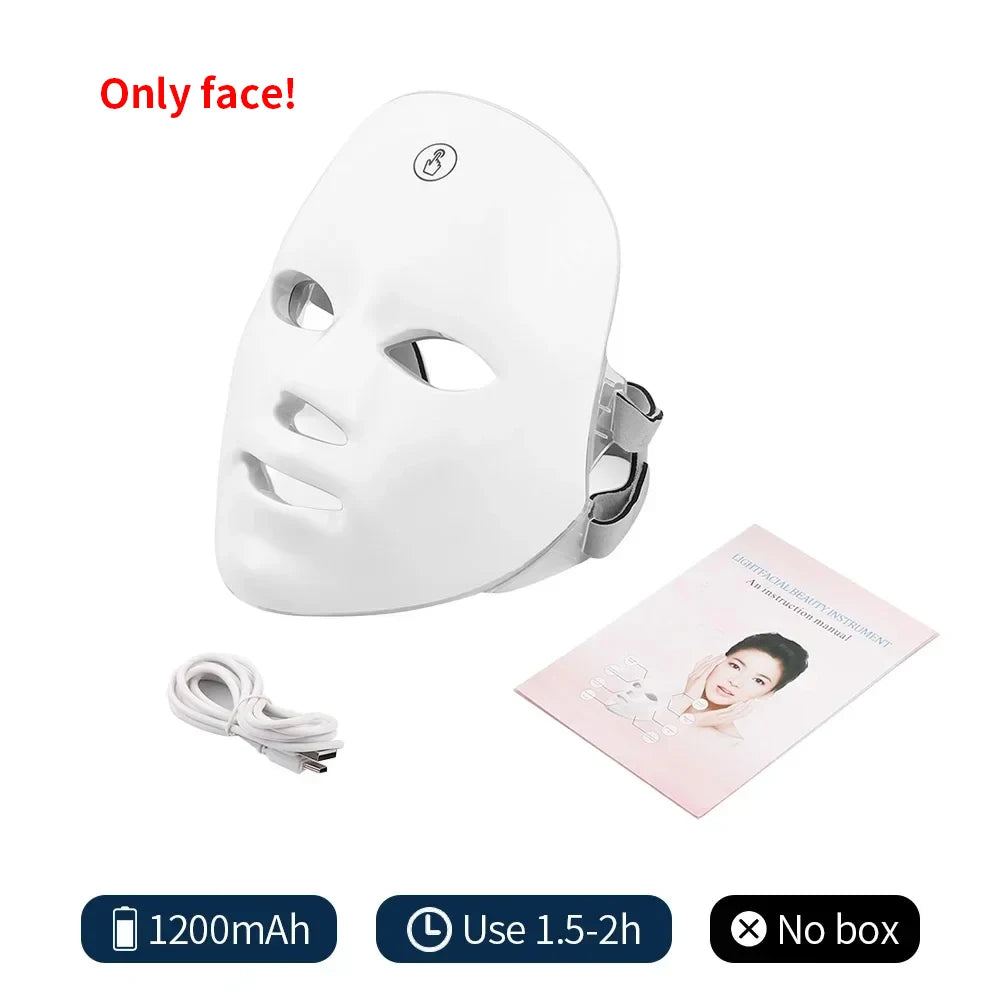 White LED face mask with charging cable and manual, against a white background.