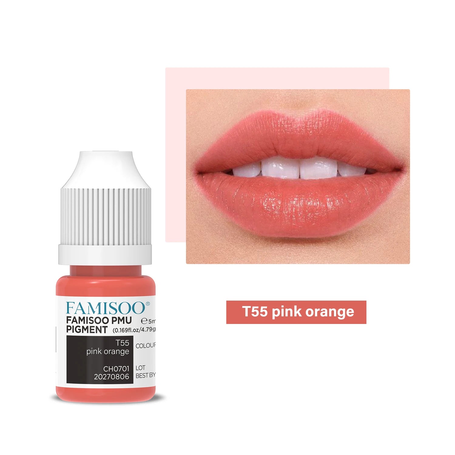 T55 pink orange pigment in a small squeeze bottle, shown with a sample of the color applied to lips for tattooing.
