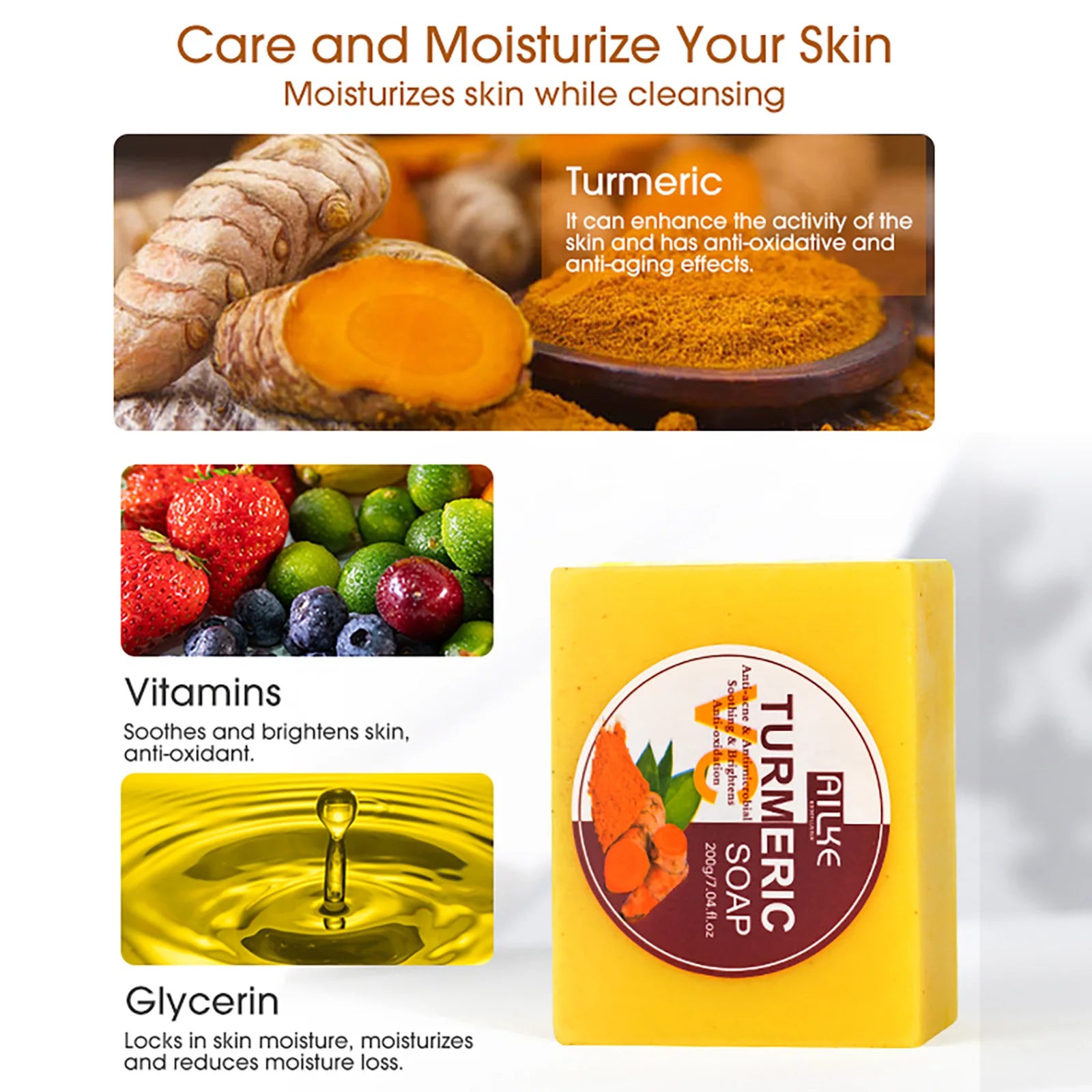 AILKE Natural Turmeric Soap for Face & Body, Whitening, Clean Stains, Even Skin Tone, Remove Acne, Age Spot, Black Spot, 200g
