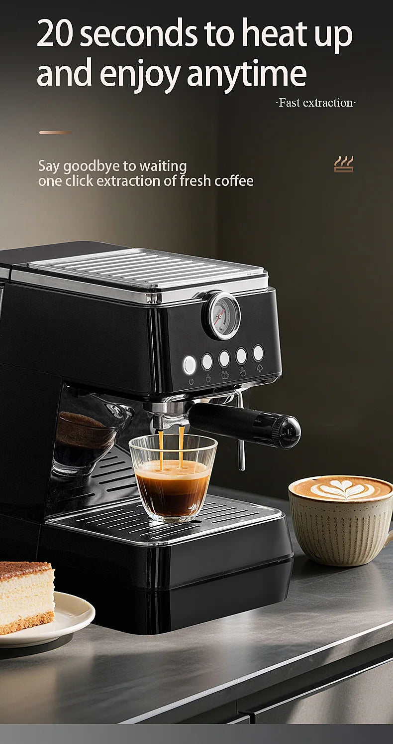 Black espresso coffee machine with pressure gauge, portafilter, and metal drip tray brewing fresh coffee into a cup.