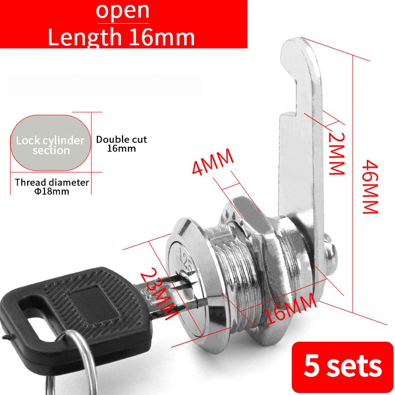 5/20SETS Metal Cylinder Cabinet Security Locker Cam Lock With 2 Keys Same Key Different Key Security Mailbox Lock Drawer 16mm