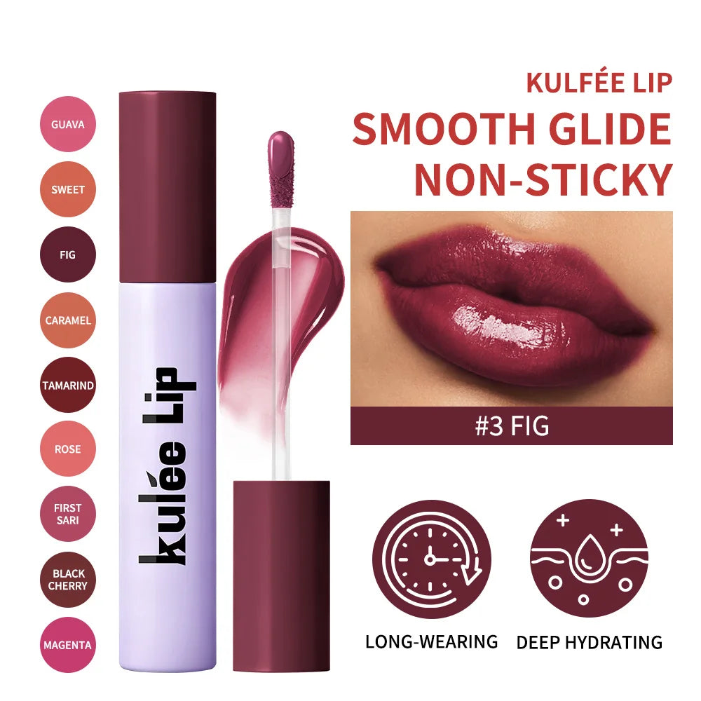 Kulfée 2-in-1 hydrating lip oil stain in Fig, featuring a glossy, non-sticky, long-lasting formula for smooth application.