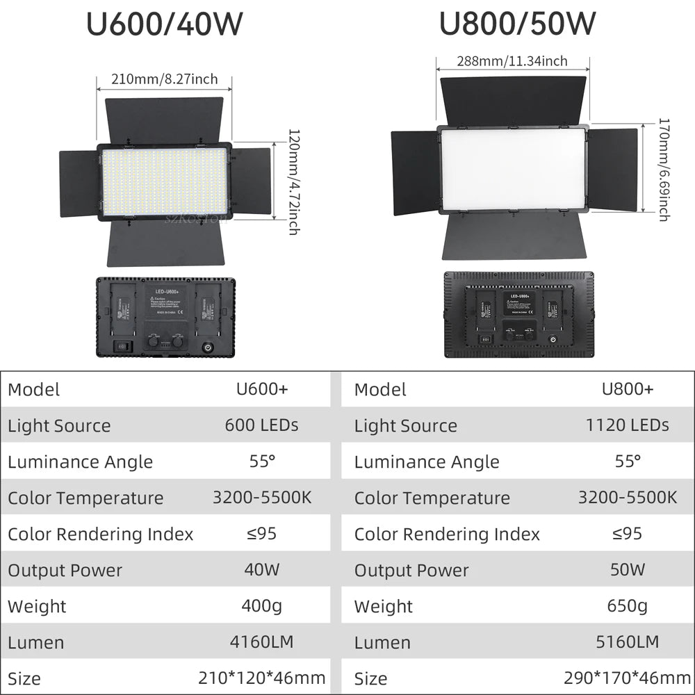 U600+ and U800+ rectangular LED video lights with black barn doors, shown with technical specifications and dimensions.