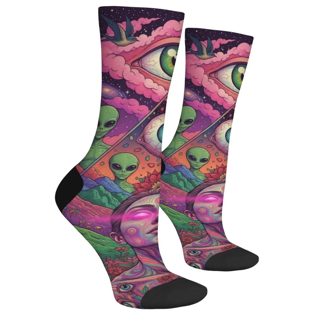 Mystery Eyes Happy Alien Psychedelic Socks Casual Fashion Men's Socks Novelty Funny Compression Socks Crazy Street Hip-Hop Socks