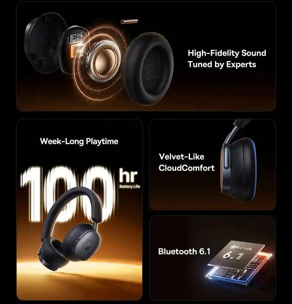 Wireless Noise Cancelling Headphones: 100Hr Playtime - Over-Ear ANC Tidesmit