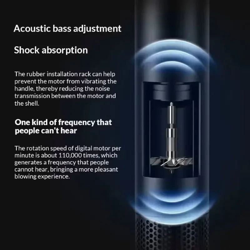 Quiet, high-speed digital motor inside professional ionic hair dryer, featuring noise-reduction shock absorption tech.