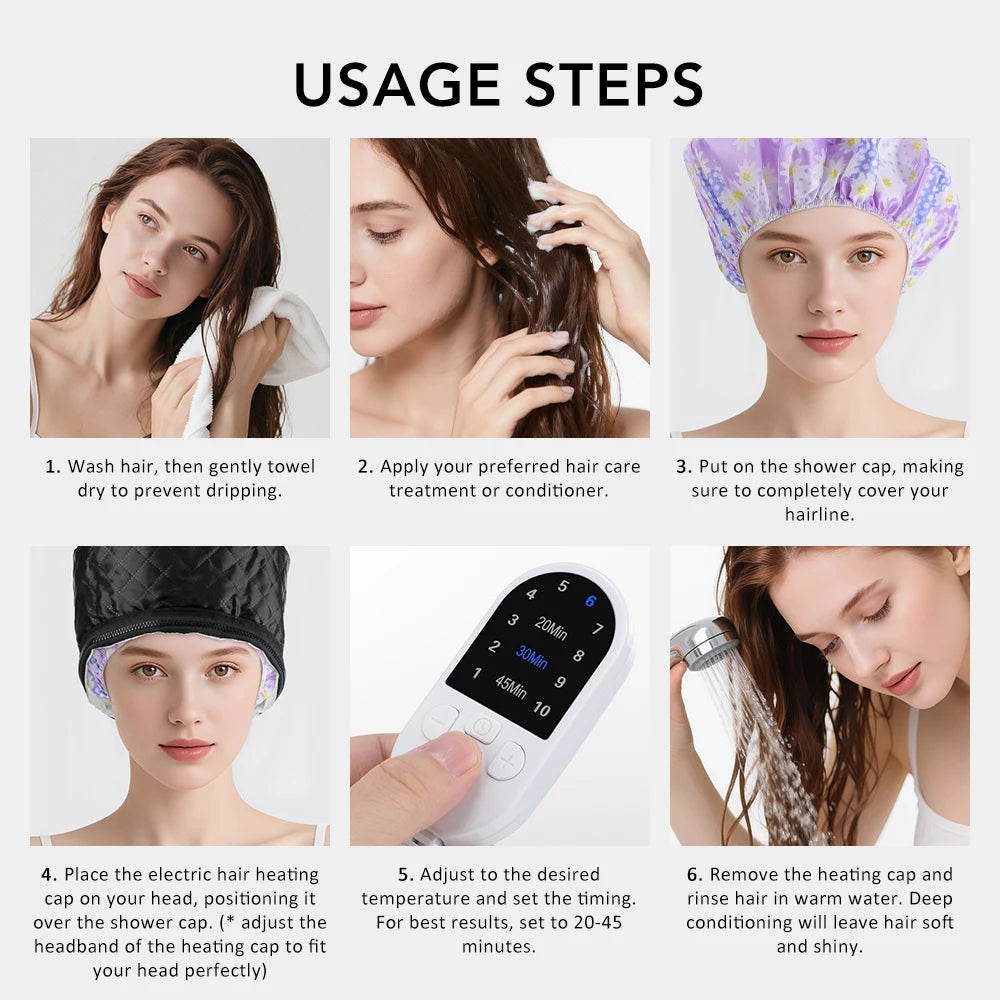Usage steps for black electric thermal hair steamer cap with digital 9-level temperature and timer control.