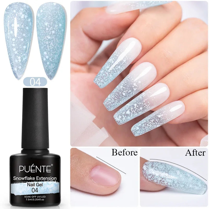 Snowflake extension nail gel in light blue with white glitter flakes for creating ombre nail art.