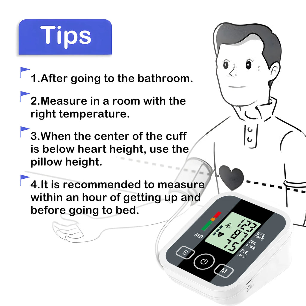 LCD Backlight Digital Upper Arm Blood Pressure Monitor Automatic Home Medical Sphygmomanometer BP Tonometer Heart Rate Meter