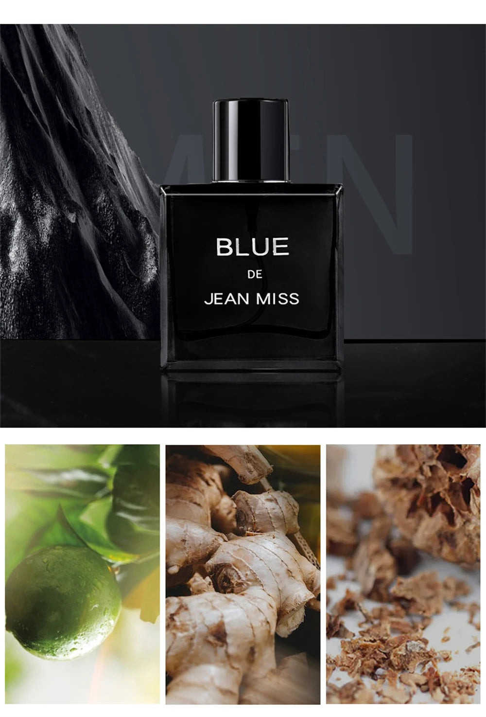 Jean Miss Blue men's cologne: 90ml square black bottle, citrus, ginger, and woody EDP fragrance set for men.