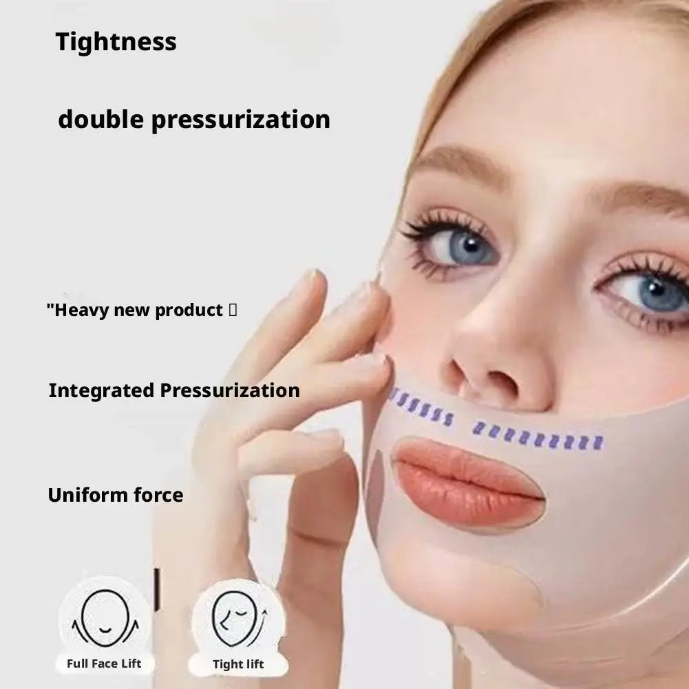 A woman wears a beige, elastic face-sculpting sleep mask with purple line accents, designed for lifting and slimming.