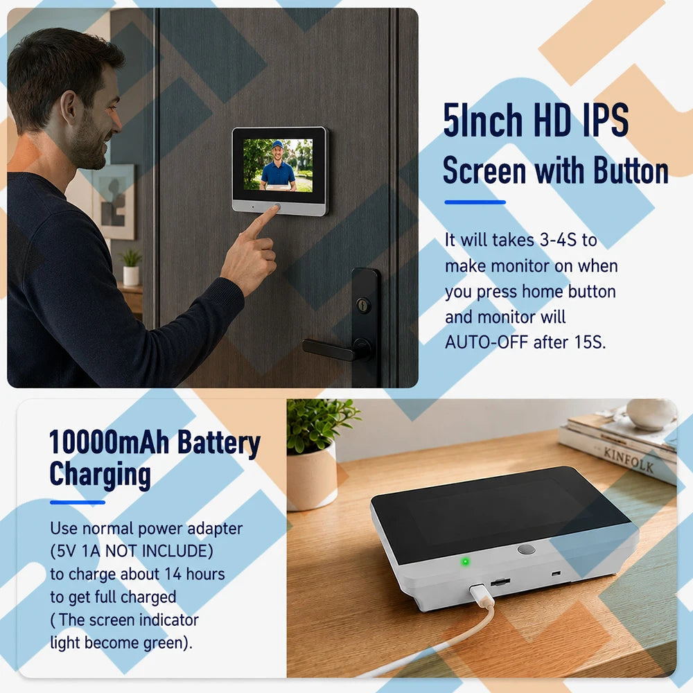 Tuya Smart 2MP 5Inch Screen Mini Digital Peephole Eye Viewer WiFi IR PIR Motion Door Camera 10000mAh battery work 3-4 Months
